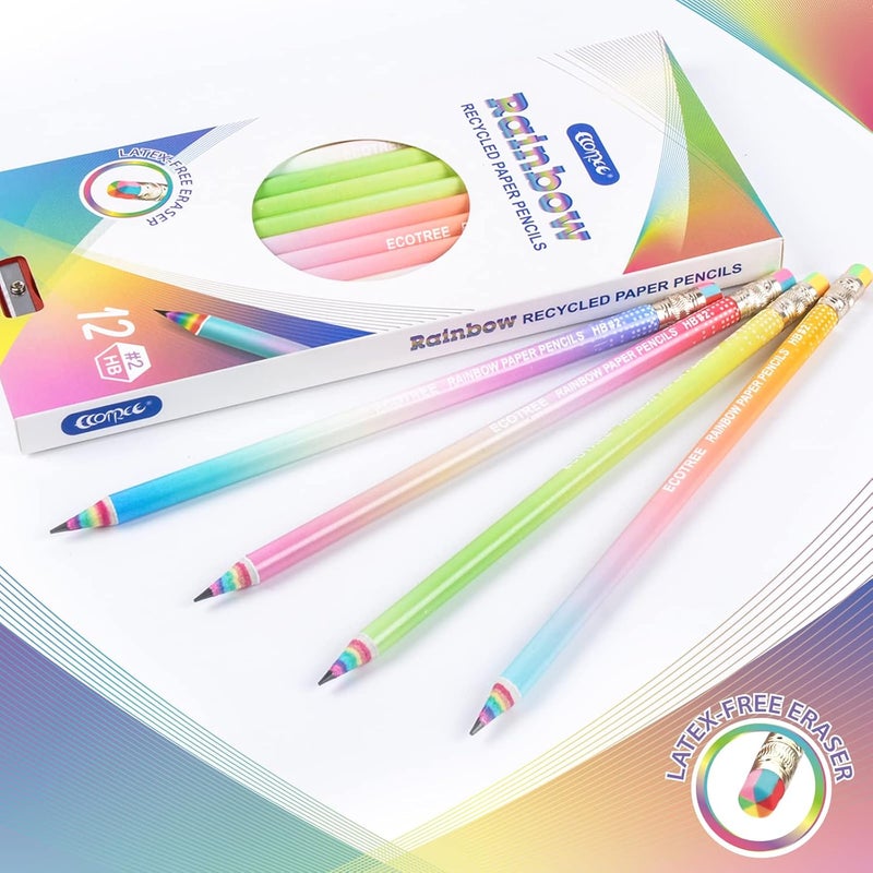 ECOTREE Pre-sharpened Pencils #2 Eco Rainbow Paper Pencil Cute Pencils for Kids Number 2 Pencil with Erasers for School, Writing, 24 Count - Image 4